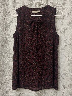 LOFT Burgundy and Black Leopard Tie-Neck Sleeveless Top Size Small